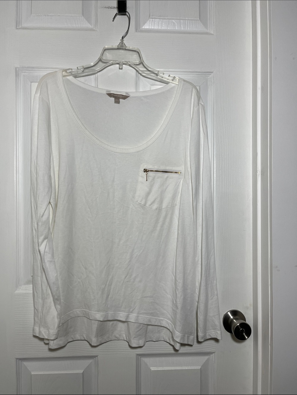 Banana Republic White Long-Sleeve Scoop Neck Top with Zip Pocket